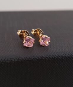 Aretes circonia cuadrada rosa en oro laminado 18K Piangere delicados