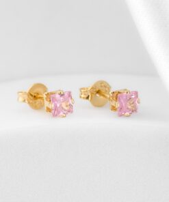 Aretes circonia cuadrada rosa en oro laminado 18K Piangere delicados